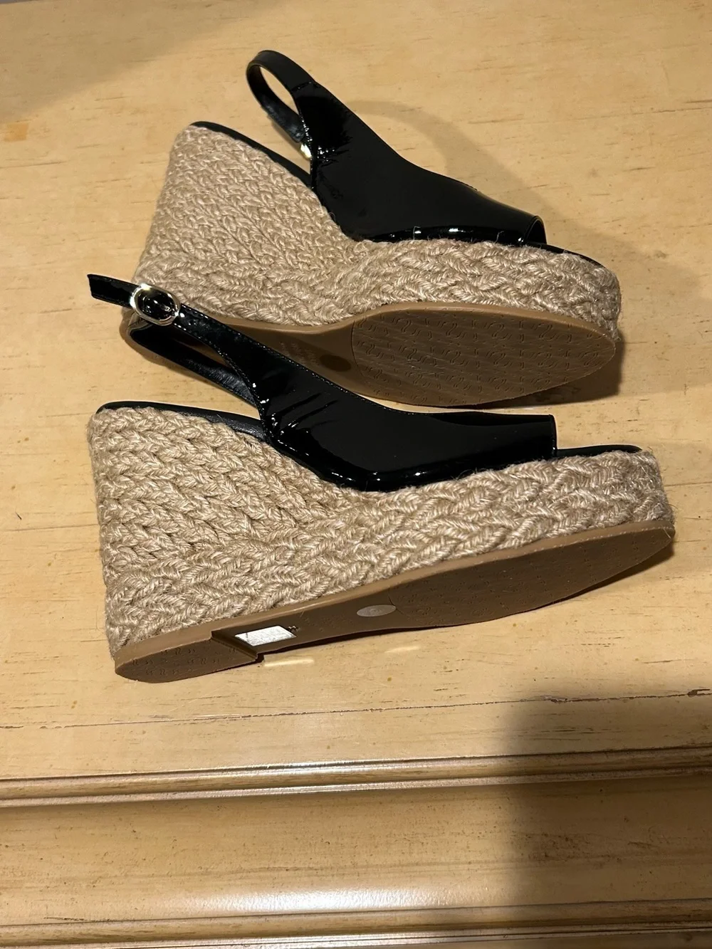 Stuart Weitzman black patent sling back espadrille wedge in size 6.5